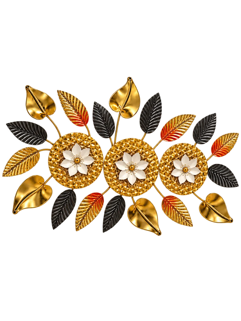 Elitezza Large 3D Metal Floral Wall Sculpture – Gold, Black & Red Botanical Decor