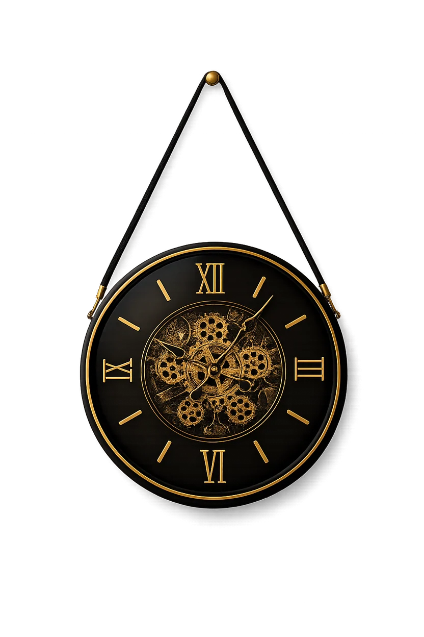Elitezza Suspended Industrial Gear Clock – Round Black & Gold Roman Numeral
