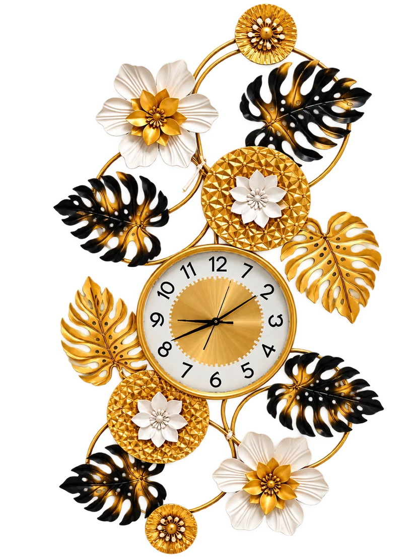 Elitezza Tropical Monstera Metal Wall Clock – 3D Gold, Black & White Floral