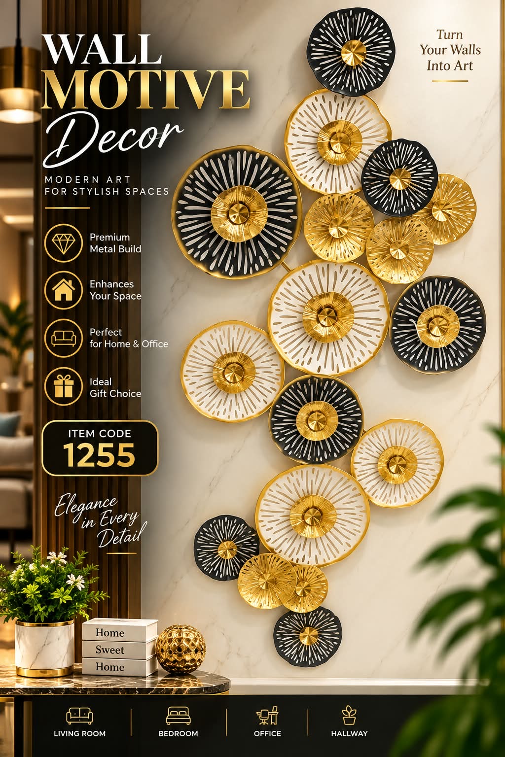 Elitezza 3D Metal Wall Motif Decor – Botanical & Abstract Wall Art Sculpture