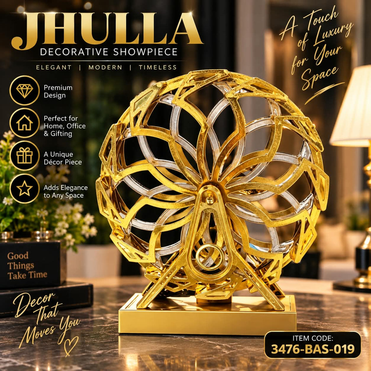 Golden Ferris Wheel Jhulla Showpiece – Modern Geometric Tabletop Sculpture