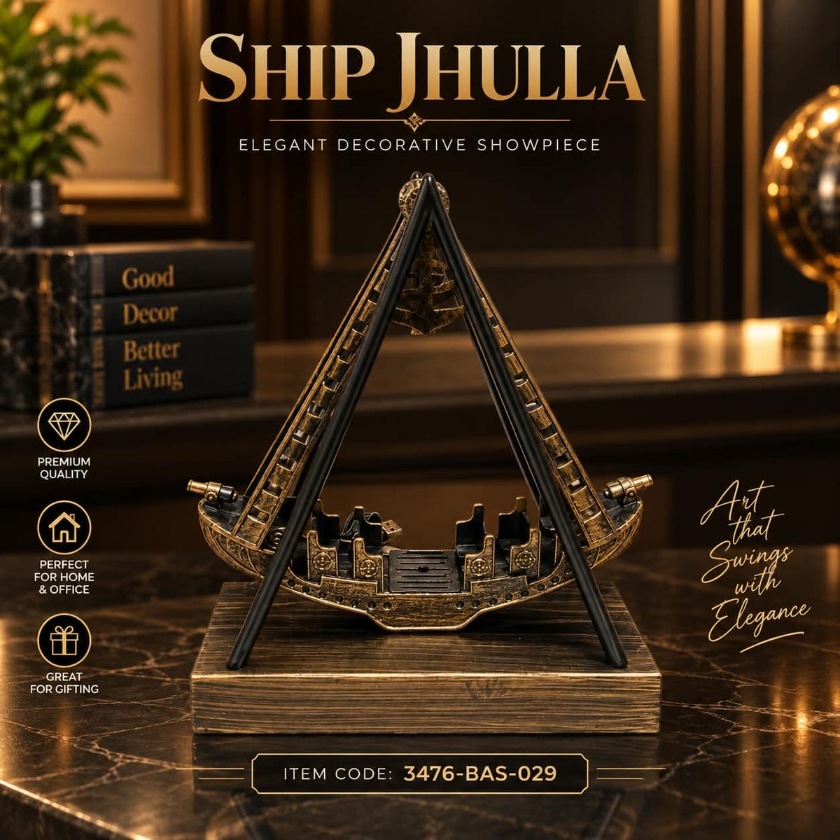 Metallic Ship Jhulla Showpiece – Antique Swinging Boat Sculpture Tabletop Accent