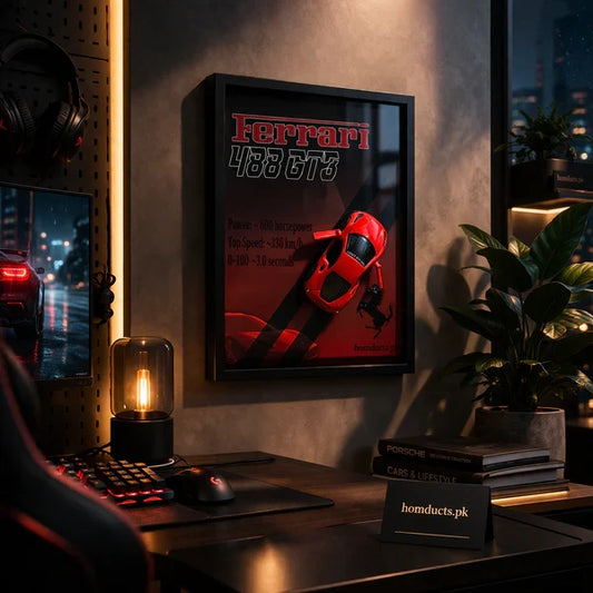 Luxury 3D Car Frame Wall Art With Mini Sports Car - Ferrari. Ferrari poster on a wall above a desk with a lit candle and books.