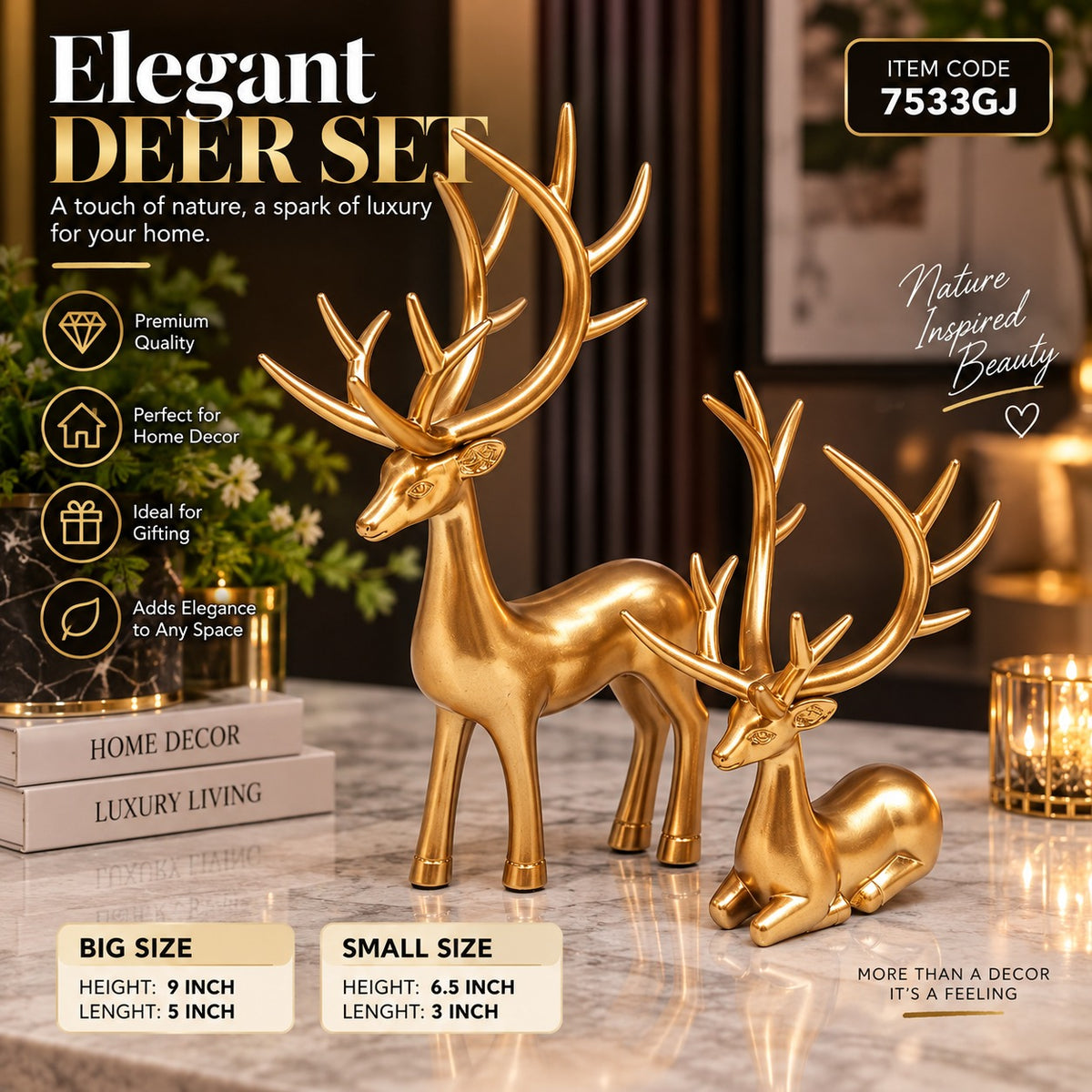 Elitezza Elegant Deer Set™ – Premium Golden Deer Figurines | 2-Piece Home Décor