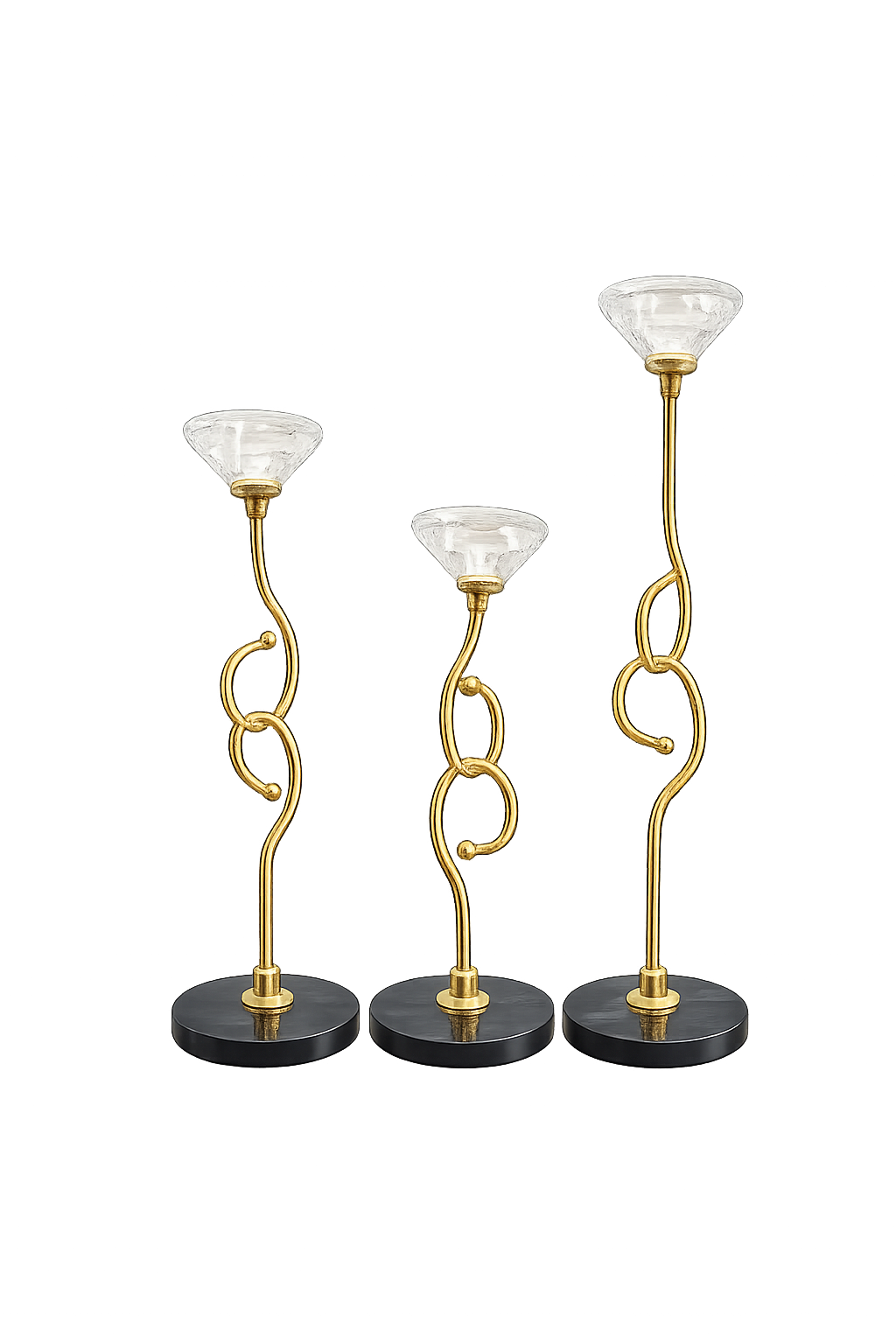 Luxury Gold & Crystal Taper Candle Holder Set of 3 with Black Marble Bases