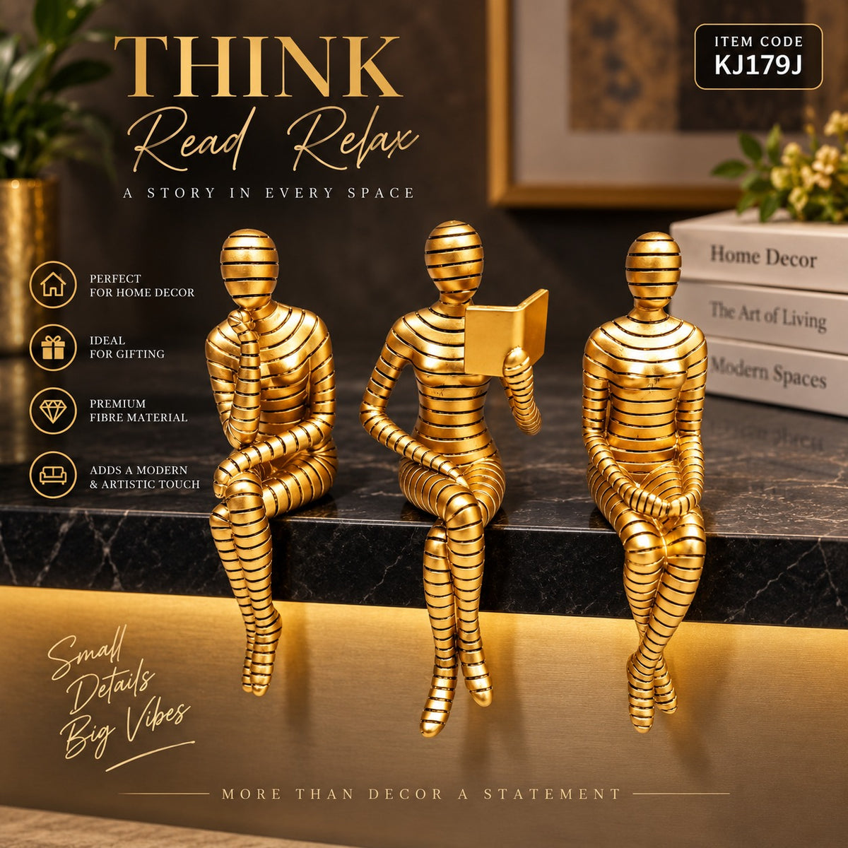 Elitezza Think • Read • Relax – Premium Golden Figurine Set