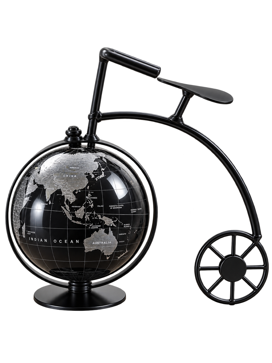Vintage Black & Silver World Globe with Bicycle-Inspired Stand