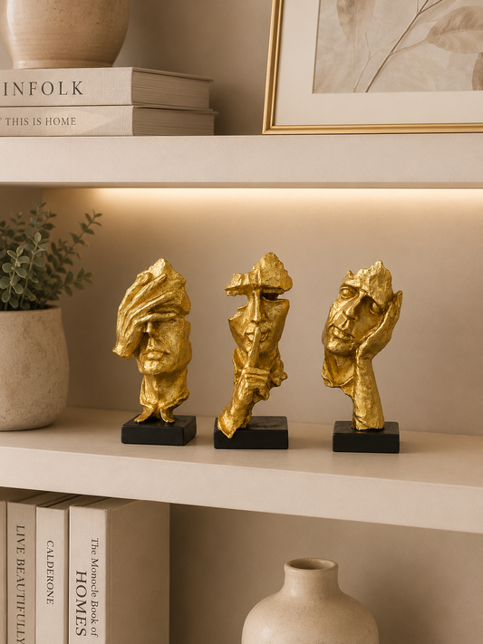 Abstract Golden Face Sculpture Set of 3