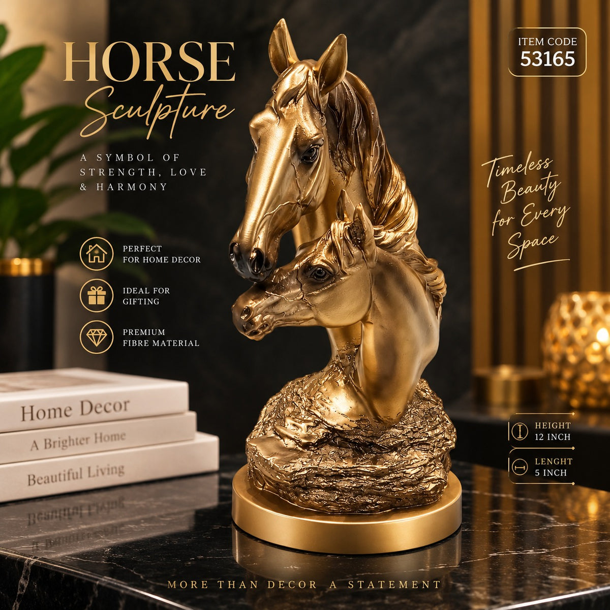 Golden Horse Family Sculpture – Luxury Horse & Foal Statue for Home & Office Décor