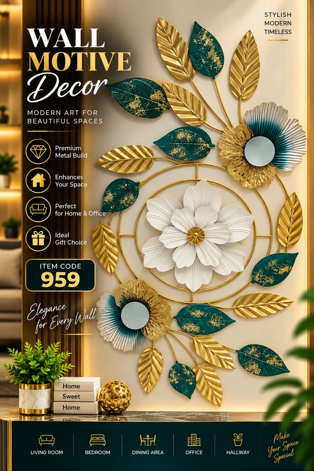 Elitezza Botanical Bloom 3D Metal Wall Art – Elegant Floral Wall Decor