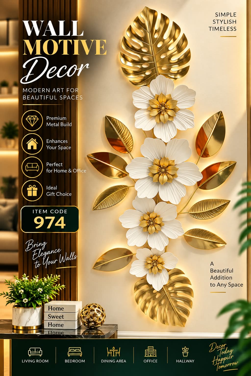 Elitezza Botanical Bloom 3D Metal Wall Art – Elegant Floral Wall Decor