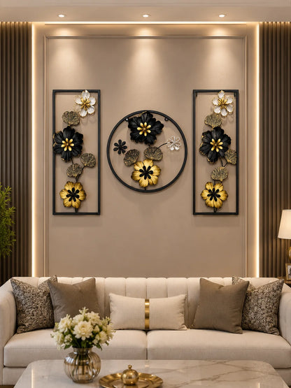 Elitezza 'Midnight Bloom' 3-Piece Geometric Metal Wall Art Set