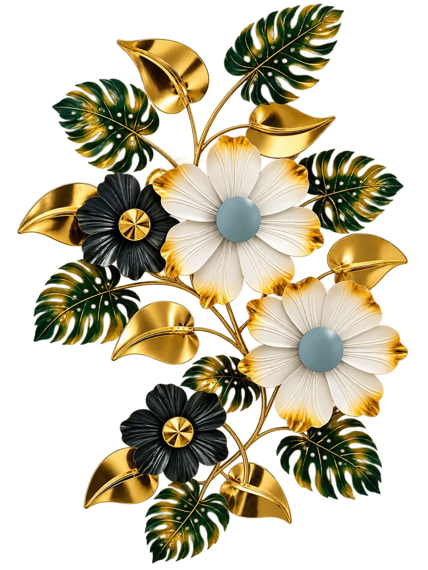Elitezza Cascading Monstera & Flower Wall Sculpture – Luxury Vertical Metal Decor