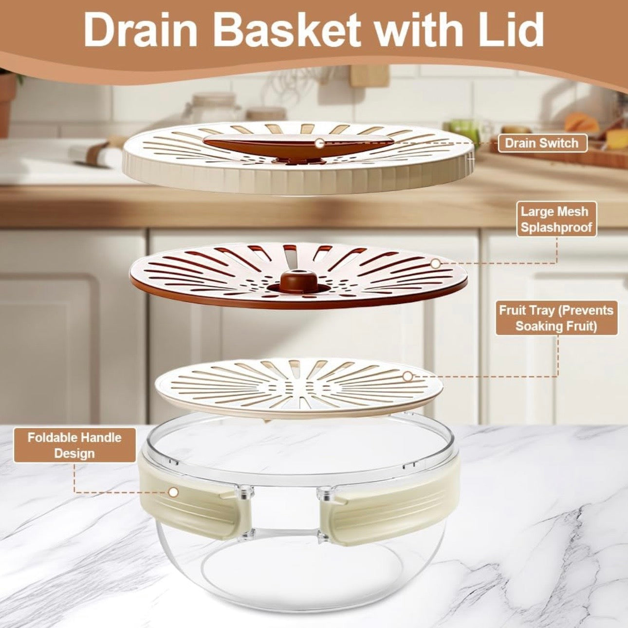 3 in 1 Fruit Washing Bowl With Foldable Handle And Lid