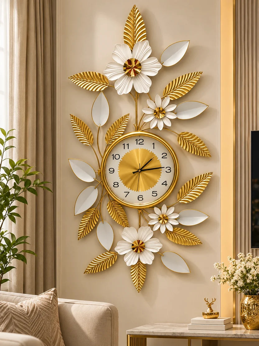 Elitezza Vertical Leaf & Flower Wall Sculpture Clock – Modern Elegant Timepiece