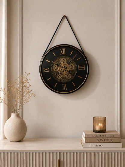 Elitezza Suspended Industrial Gear Clock – Round Black & Gold Roman Numeral