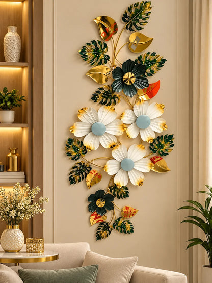 Elitezza Cascading Monstera & Flower Wall Sculpture – Luxury Vertical Metal Decor