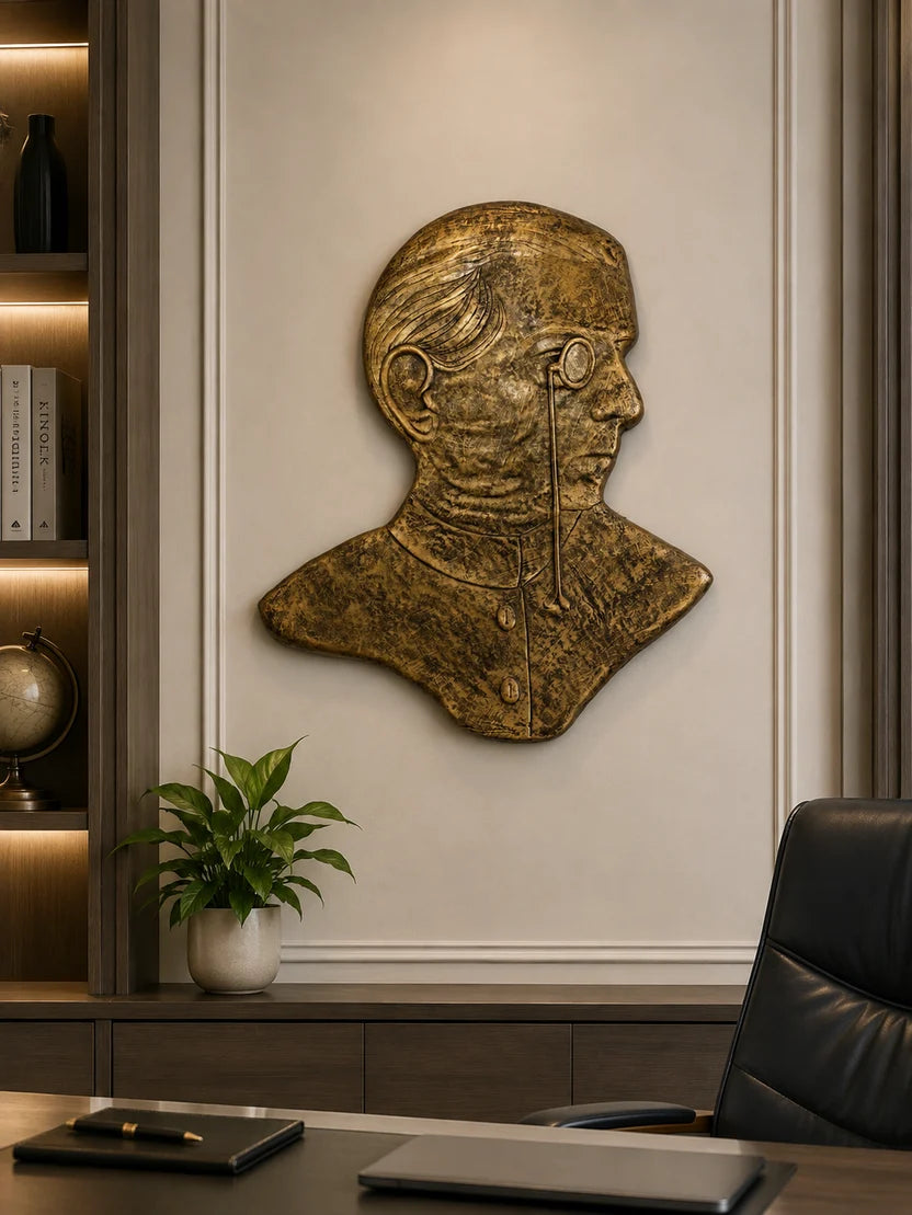 Elitezza Historical Jinnah Profile Wall Art – Textured Gold-Tone Sculptural Decor