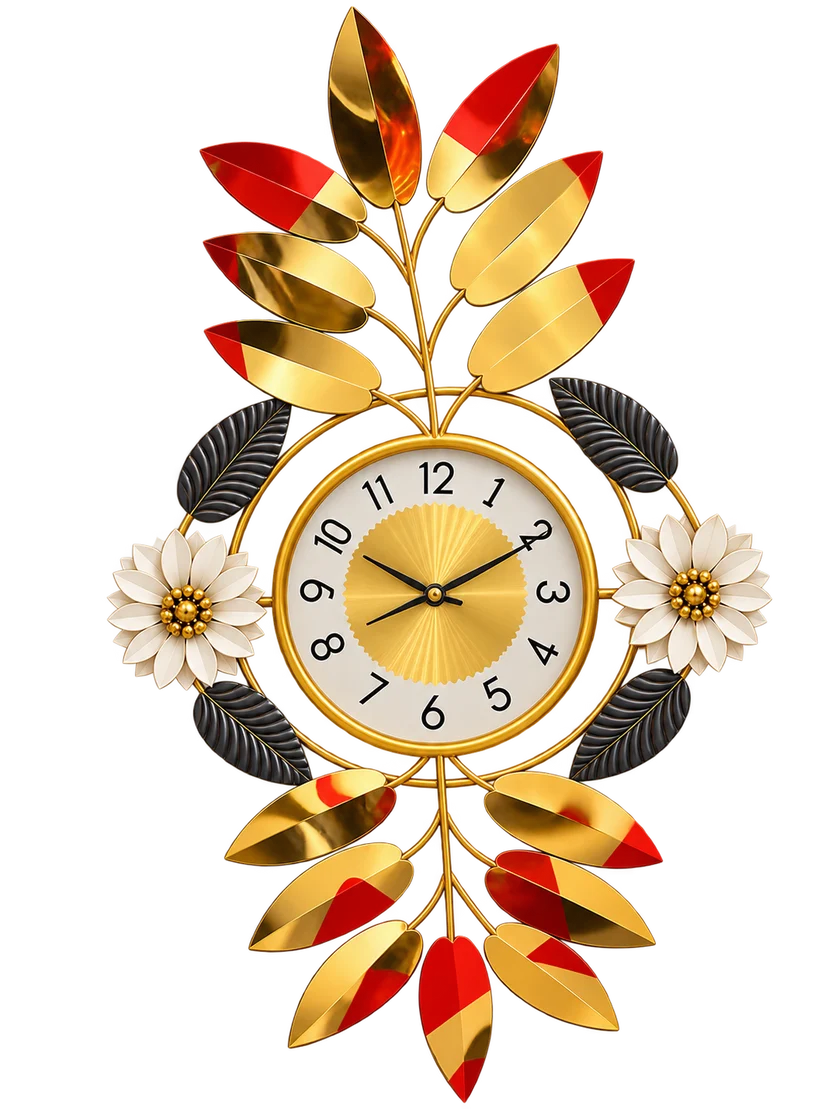 Elitezza 3D Floral Vertical Wall Clock – Modern Sunburst Timepiece With Metallic Leaves