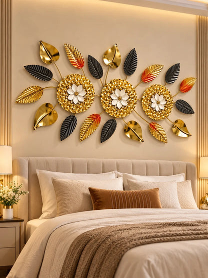 Elitezza Large 3D Metal Floral Wall Sculpture – Gold, Black & Red Botanical Decor