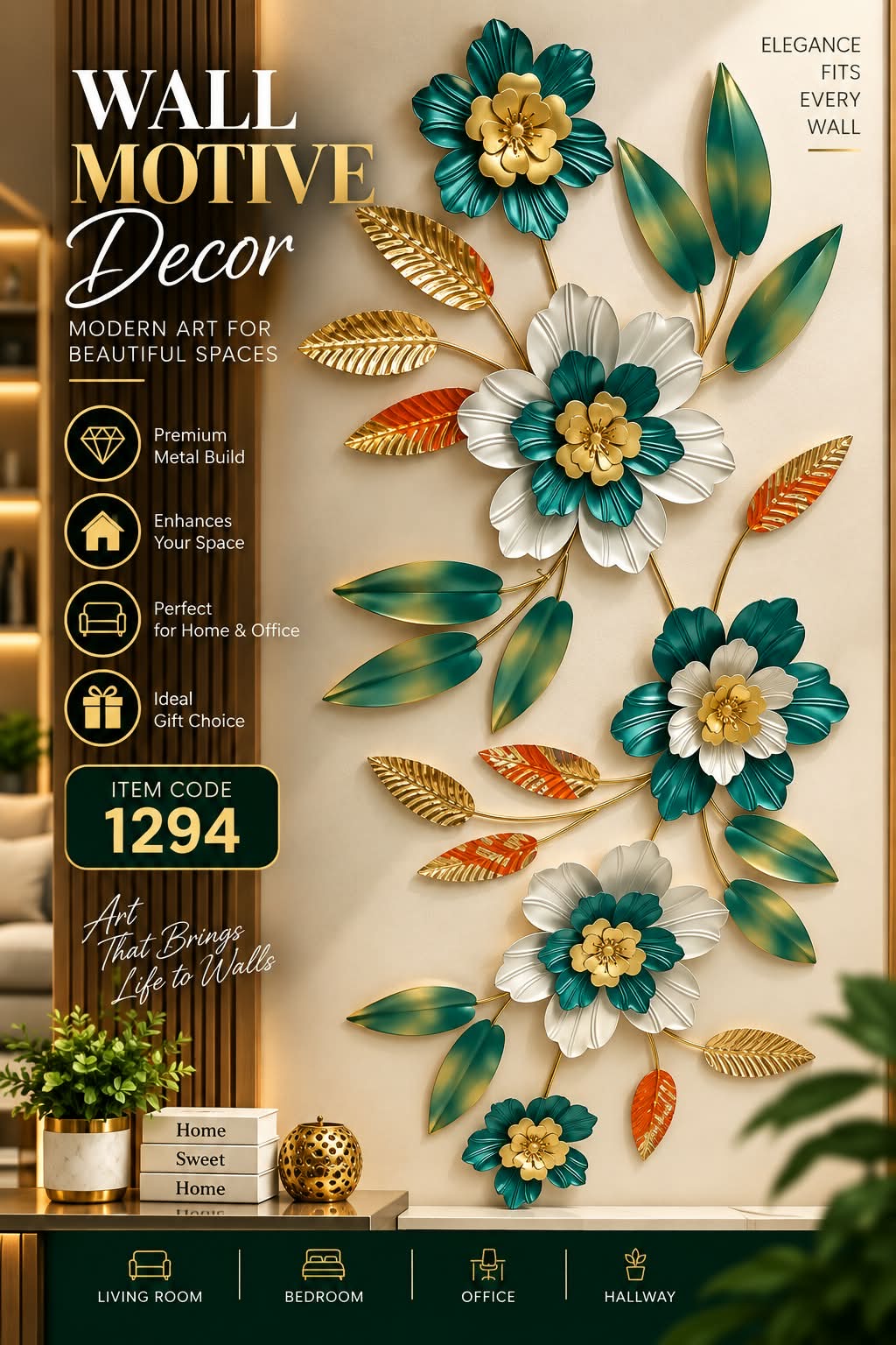 Elitezza 3D Metal Wall Motif Decor – Botanical & Abstract Wall Art Sculpture