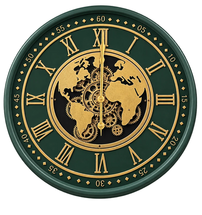 Elitezza Modern Globe & Gear Wall Clock – Decorative Green & Gold Timepiece