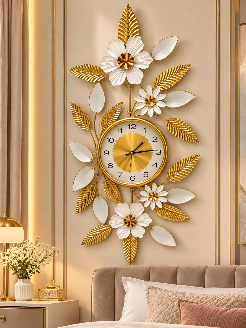 Elitezza Vertical Leaf & Flower Wall Sculpture Clock – Modern Elegant Timepiece