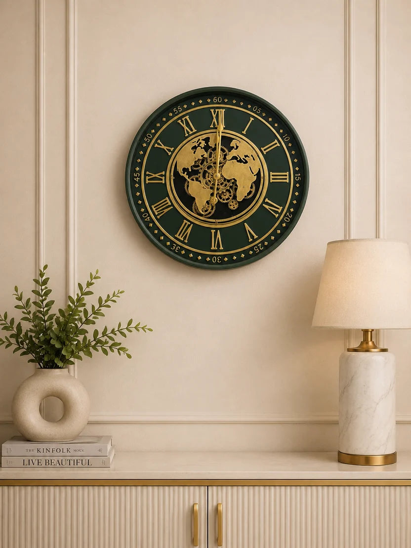 Elitezza Modern Globe & Gear Wall Clock – Decorative Green & Gold Timepiece