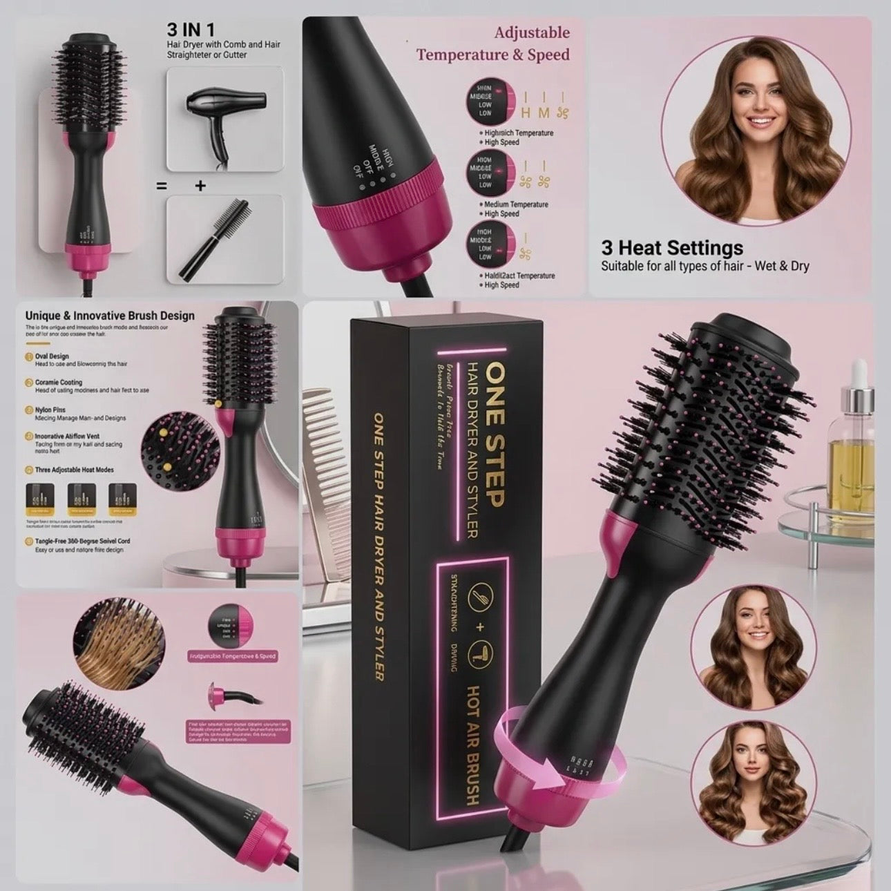 Elitezza 3-in-1 Hair Styler Brush – Hair Dryer - Straightener - Curler & Volumizer