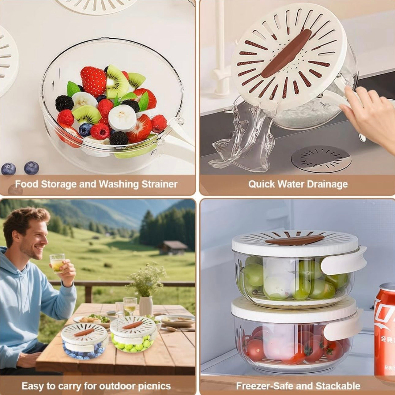 3 in 1 Fruit Washing Bowl With Foldable Handle And Lid