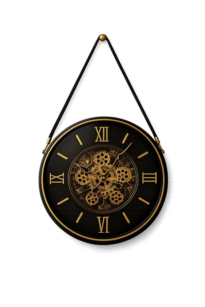 Elitezza Suspended Industrial Gear Clock – Round Black & Gold Roman Numeral