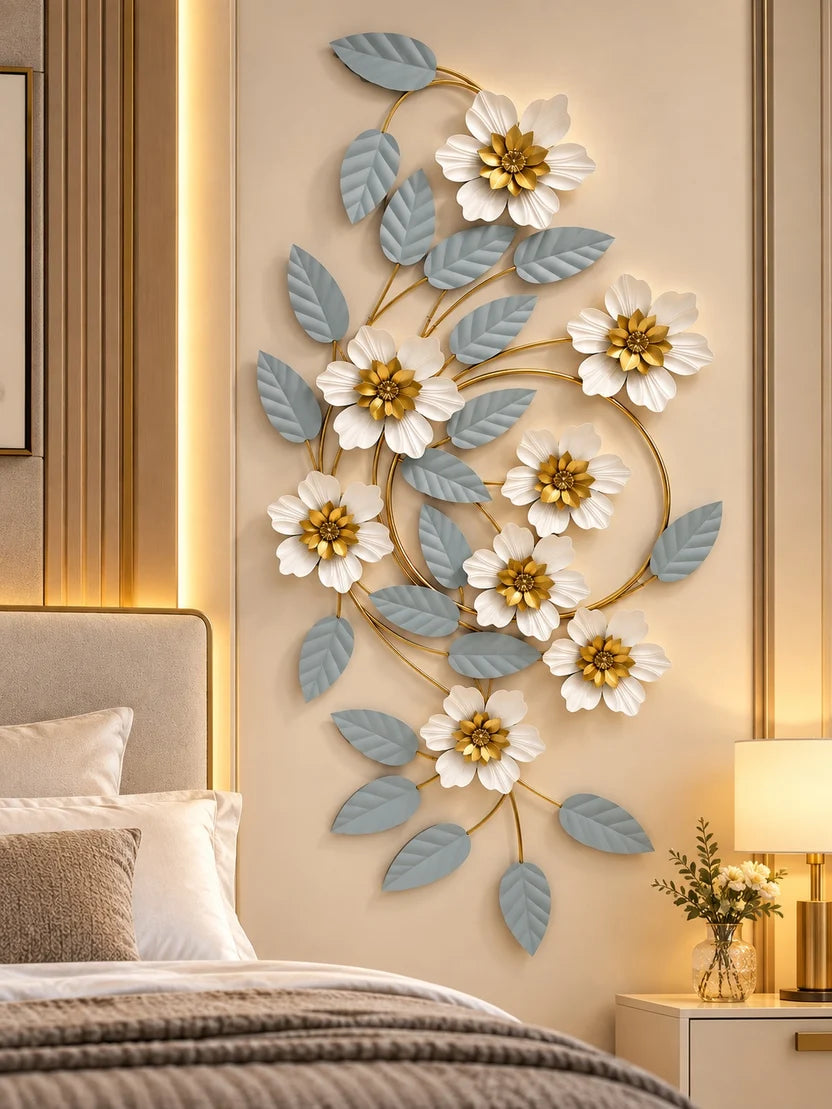 Elitezza Swirling Metal Flower Wall Sculpture – Modern Gold & Slate Blue Floral Decor