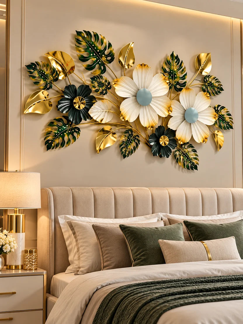 Elitezza Cascading Monstera & Flower Wall Sculpture – Luxury Vertical Metal Decor