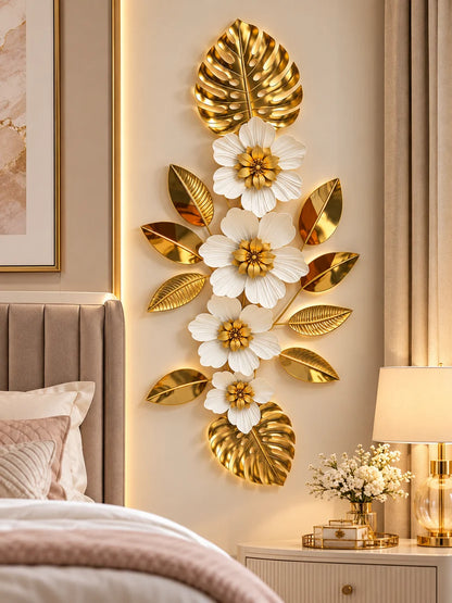Elitezza Vertical Cascading Flower Wall Art – Gold Monstera & White Blooms Decor