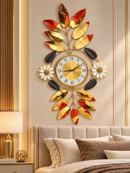 Elitezza 3D Floral Vertical Wall Clock – Modern Sunburst Timepiece With Metallic Leaves