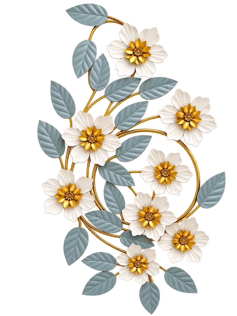 Elitezza Swirling Metal Flower Wall Sculpture – Modern Gold & Slate Blue Floral Decor