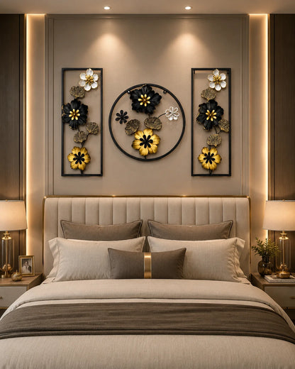 Elitezza 'Midnight Bloom' 3-Piece Geometric Metal Wall Art Set