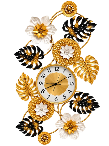 Elitezza Tropical Monstera Metal Wall Clock – 3D Gold, Black & White Floral