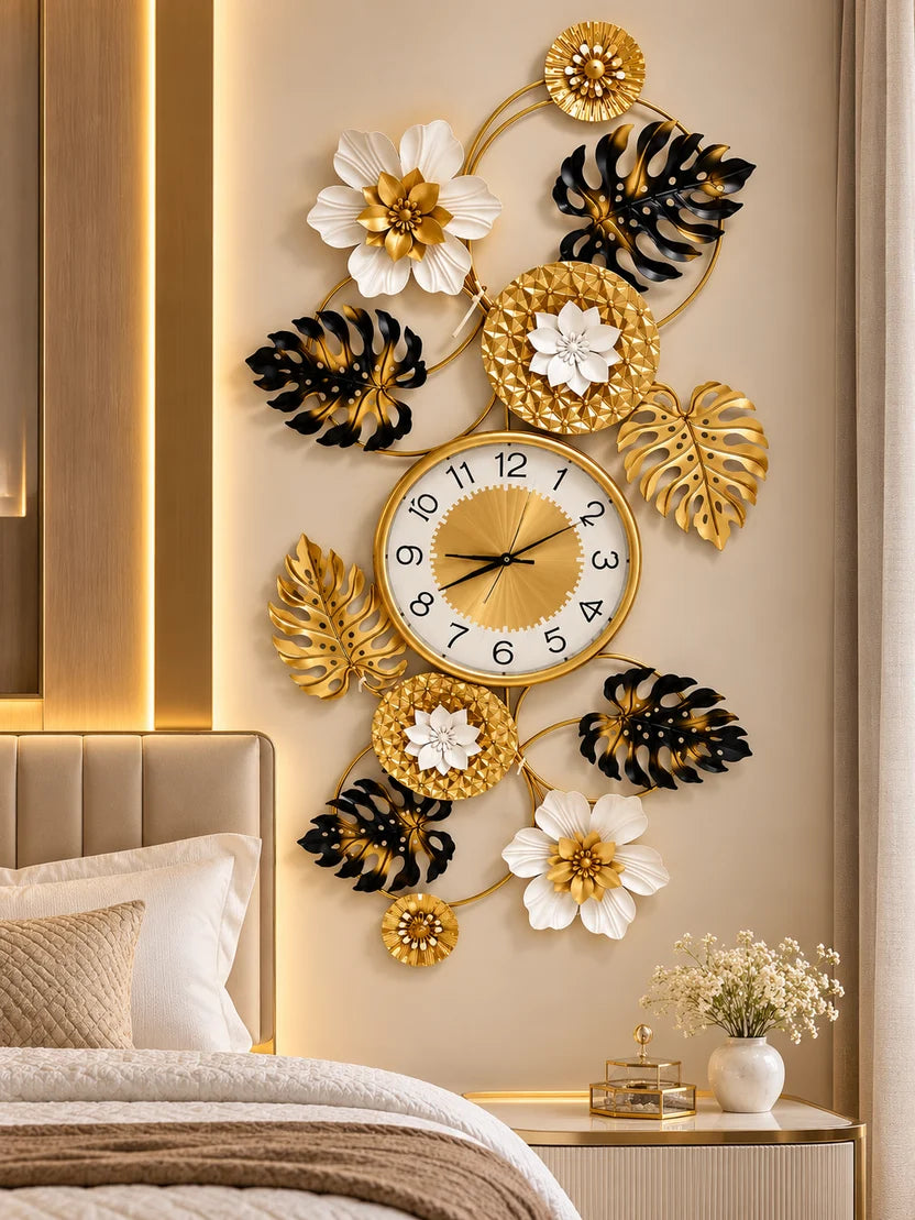 Elitezza Tropical Monstera Metal Wall Clock – 3D Gold, Black & White Floral