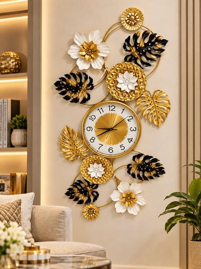 Elitezza Tropical Monstera Metal Wall Clock – 3D Gold, Black & White Floral