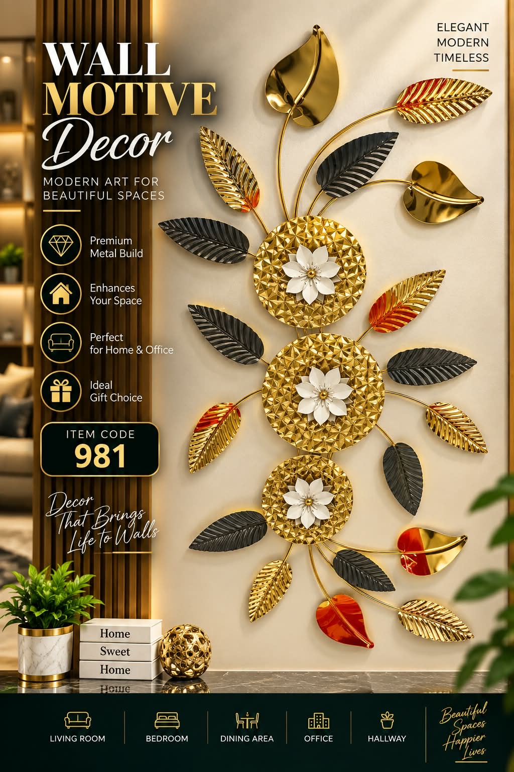 Elitezza Botanical Bloom 3D Metal Wall Art – Elegant Floral Wall Decor