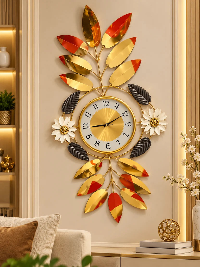 Elitezza 3D Floral Vertical Wall Clock – Modern Sunburst Timepiece With Metallic Leaves