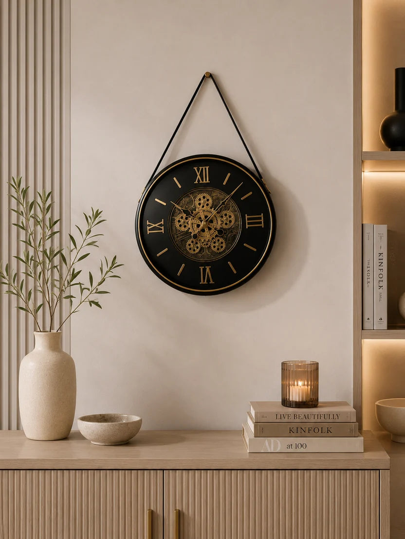 Elitezza Suspended Industrial Gear Clock – Round Black & Gold Roman Numeral