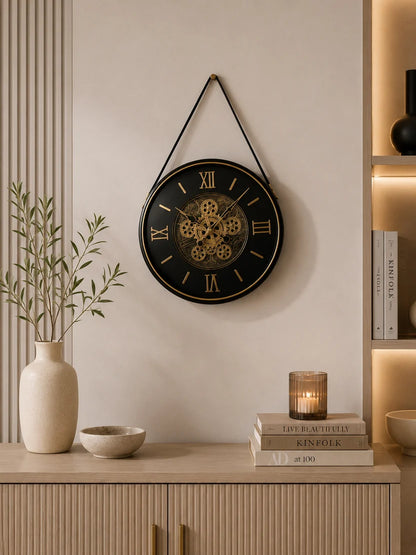 Elitezza Suspended Industrial Gear Clock – Round Black & Gold Roman Numeral
