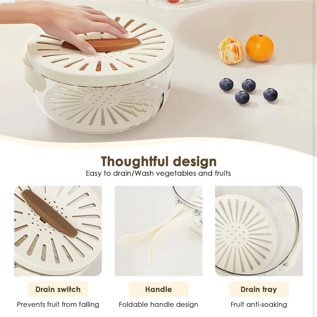 3 in 1 Fruit Washing Bowl With Foldable Handle And Lid