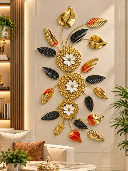 Elitezza Large 3D Metal Floral Wall Sculpture – Gold, Black & Red Botanical Decor