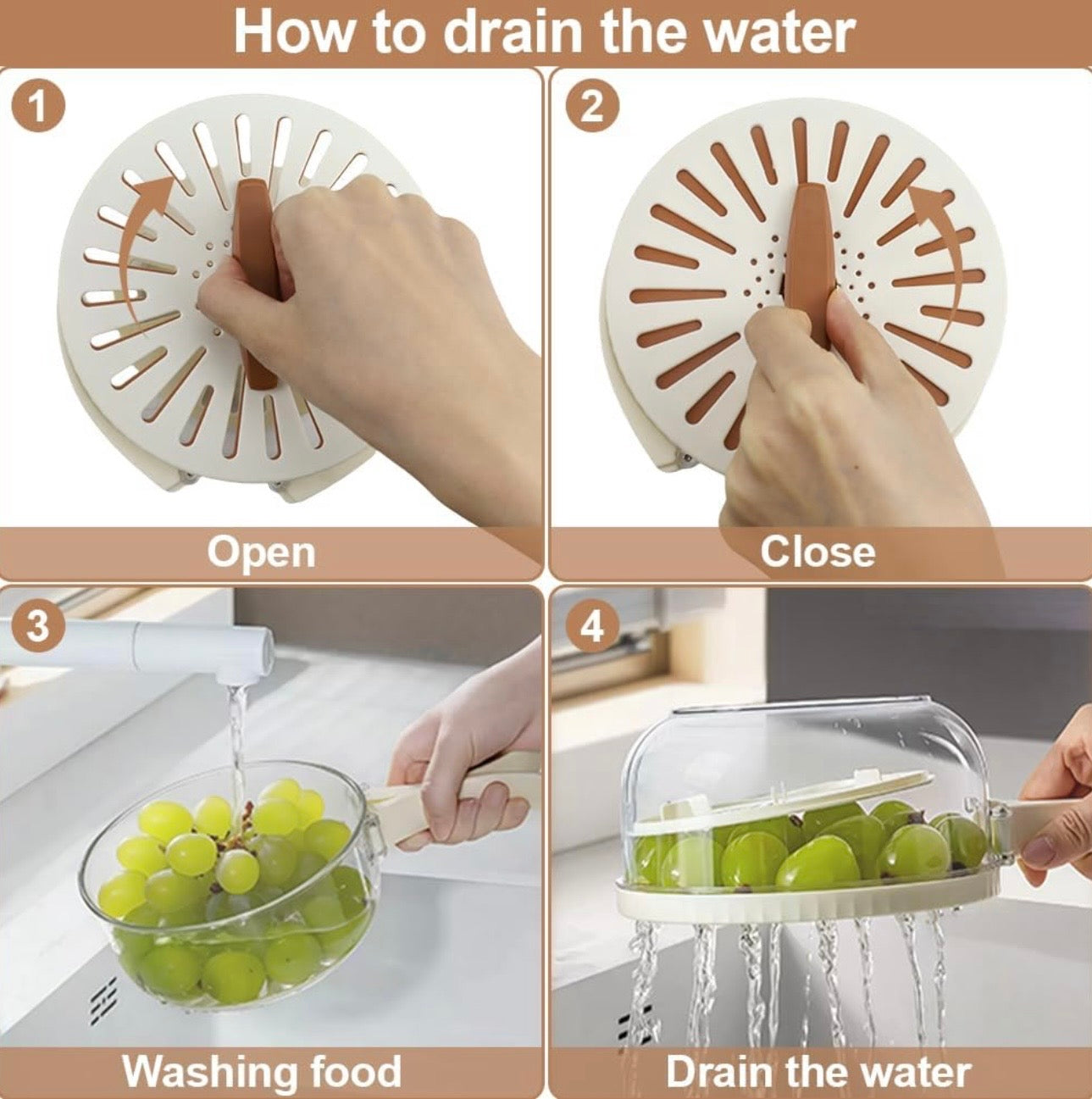 3 in 1 Fruit Washing Bowl With Foldable Handle And Lid