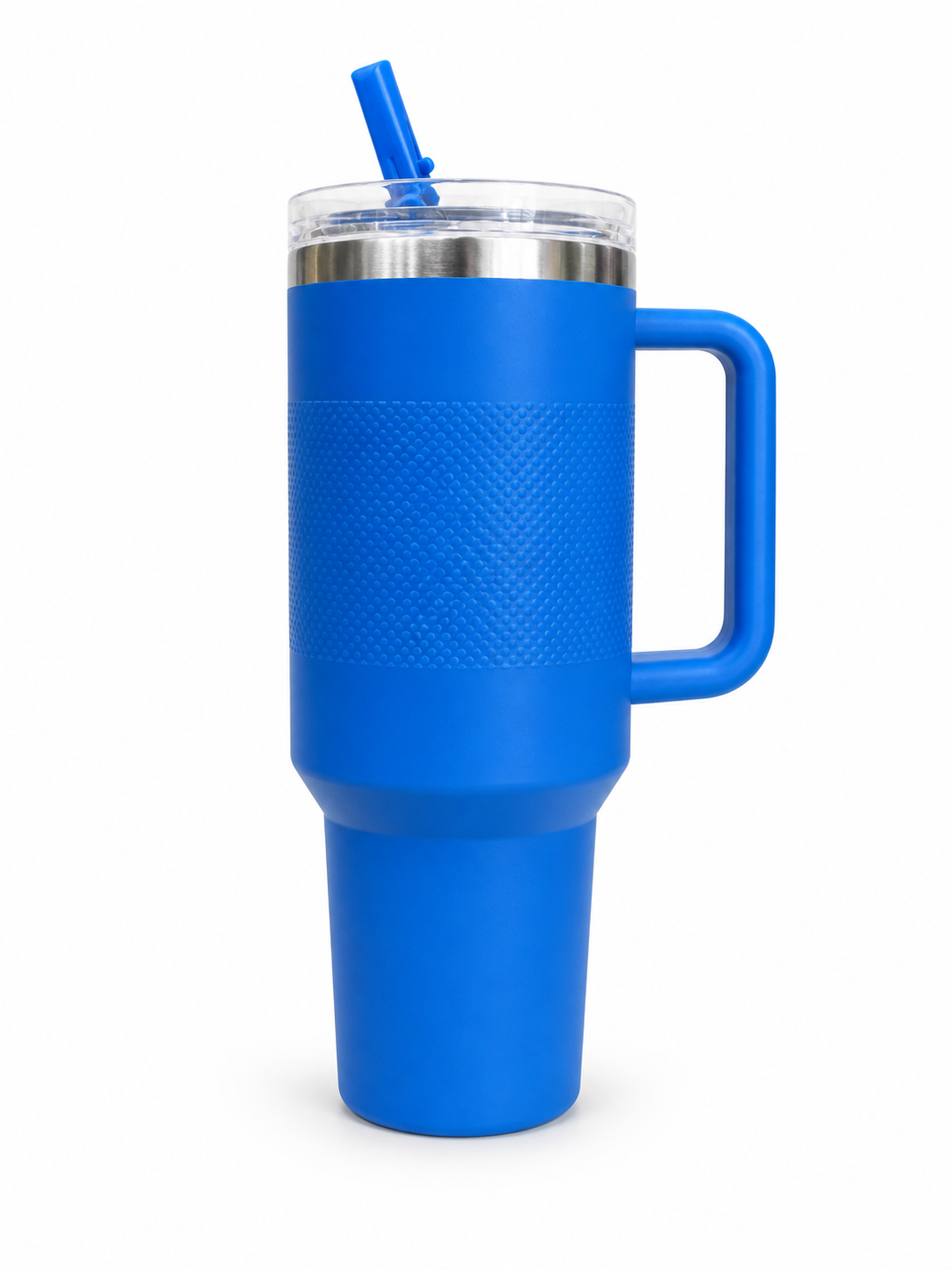 Blue insulated mug with handle and straw on a white background. Blue Stanley tumbler with handle and straw lid, large insulated travel mug with textured grip, vibrant drinkware on white background