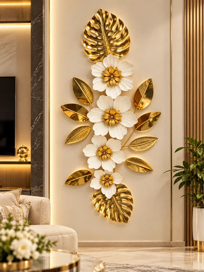 Elitezza Vertical Cascading Flower Wall Art – Gold Monstera & White Blooms Decor