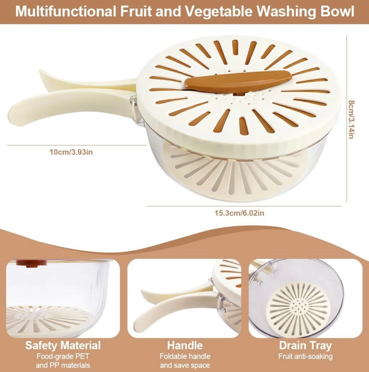 3 in 1 Fruit Washing Bowl With Foldable Handle And Lid